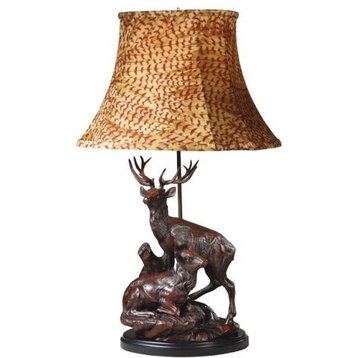 Sculpture Table Lamp Elk Mates Mountain Hand Painted Feather Fabric