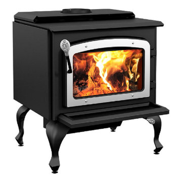 Drolet Escape 1800 Large Wood Stove in Metallic Black on Legs with Brushed Nicke