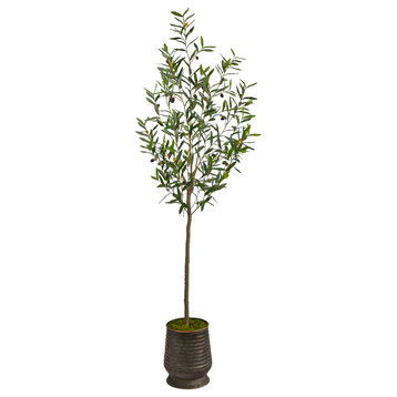 75" Olive Artificial Tree, Ribbed Metal Planter