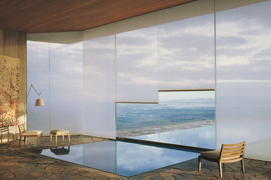 Pool house - large contemporary stone and rectangular lap pool house idea in Orange County