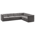 Meridian Furniture - Quincy Velvet Upholstered 6-Piece L-Shaped Modular Sectional, Grey - Show them all that less is more with the minimalist look of this Quincy velvet cloud-like comfort modular sectional. This elegant chair features a simple design that's all about comfort and modern style. The soft grey velvet upholstery is sleek to the touch, and the back of the unit features deep horizontal channel tufting for a look that wows. Because this is a modular seating option, you can pair it easily with other items in the Quincy collection to create a look you love. Latches underneath make it easy to mix and match items from the collection.