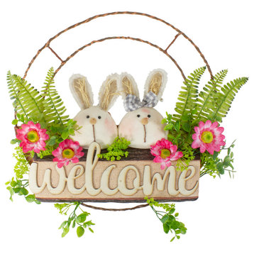 Rabbit Couple Floral Springtime "Welcome" Wreath, 19-Inch, Unlit