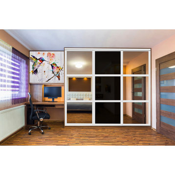3 Panels Closet / Wardrobe Door with Mirror & Black Painted Glass Insert, 106”x80”, Primed