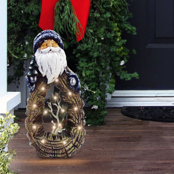 21"H Indoor/Outdoor Santa Statue with Carved Wood Look and LED Lights
