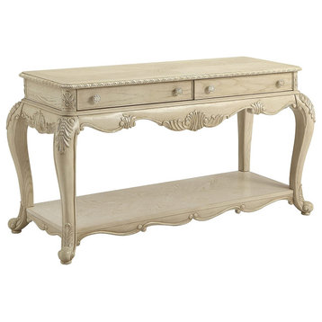 French Country Console Table, Unique Carved Legs and 2 Drawers, Antique White