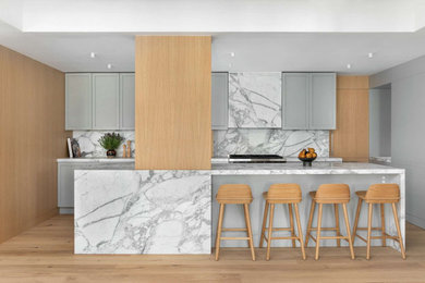 Large transitional galley light wood floor and coffered ceiling open concept kitchen photo in New York with an undermount sink, recessed-panel cabinets, gray cabinets, marble countertops, white backsplash, marble backsplash, paneled appliances, an island and white countertops
