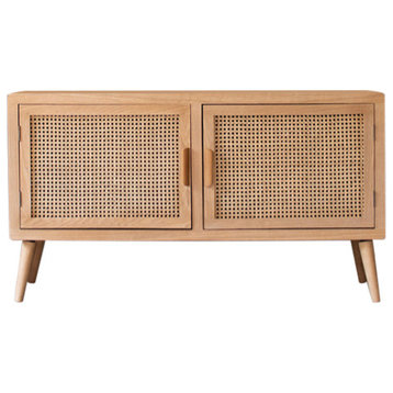 Wood Tv Cabinet With Woven Cane Doors