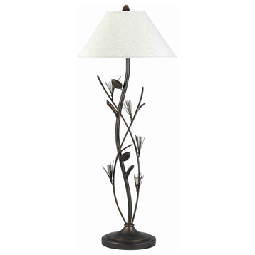 Pine Twig Accent Metal Body Floor Lamp With Conical Shade, Bronze And White