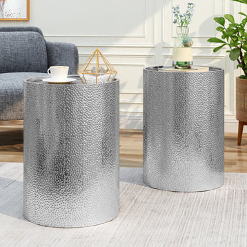Kaylee Modern Round Hammered Iron Accent Table, 2 Pack, Silver, Silver