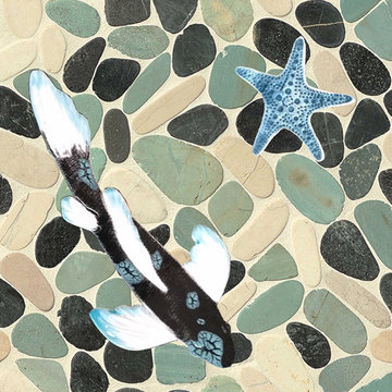 Blue green sliced pebble, rock, and stone shower floor with tropical fish and st