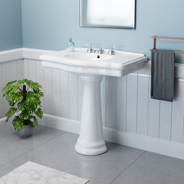 White Pedestal Bathroom Sink Porcelain Widespread Faucet Holes with Overflow