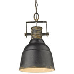 Golden Lighting - Quarry 1 Light Pendant, Antique Black Iron - Quarry was designed for industrial and farmhouse decors. Black with hints of gold, this two-tone fixture commands attention while complementing most color schemes. The authentic industrial components and simple accents create a casual, modern look that pays homage to the classics. The heft of the metal shade and the details of the vintage-inspired top cap speak to the quality. This pendant may be mounted as a single accent or as a group.