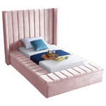 Meridian Furniture - Kiki Velvet Bed, Pink, Twin - Make a bold statement in your bedroom with this stunning Kiki pink velvet twin bed. Its pink velvet design with channel tufting gives it a chic, textured appearance that's both comfortable and dramatic. This twin size bed features storage rails along its full slats frame, making it the perfect solution for individuals in limited sleeping spaces. Its width of 70.5 inches, depth of 94 inches, and height of 65 inches offers ample room to sleep without being cramped.