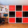 3 Panels Closet / Wardrobe Door with Black & Red Painted Glass Insert, 106"x84" Inches