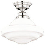 Vaxcel - Huntley 12" Semi Flush Ceiling Light Milk Glass Satin Nickel - The Huntley is a timeless collection inspired by mid-century small-town aesthetics. The vintage school house glass is the focal point of this design with its unique profile and glass options. Offered in multiple finishes and glass options, this versatile farmhouse light will provide a unique accent to a variety of kitchen, dining, and bathroom settings. Medium screw base lamping provides maximum light output. The complete collection includes chandeliers, pendants, semi-flush ceiling lights, and 1, 2 3, and 4 light bathroom vanities.