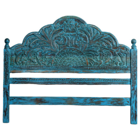 Consigned Vintage Wood Bed Headboard Blue Floral Carved Queen Headboard 65
