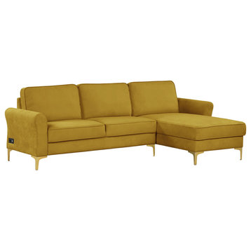 Corner Sectional Sofa, Cushioned Seat With Reversible Chaise & USB Port, Yellow