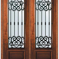 Prehung Double Door 96 Mahogany Barcelona 3/4 Lite Wrought Iron - Front Doors
