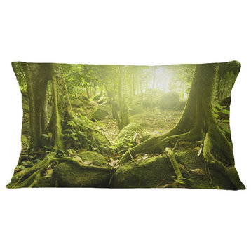 Green Forest With Sun Landscape Photography Throw Pillow, 12"x20"