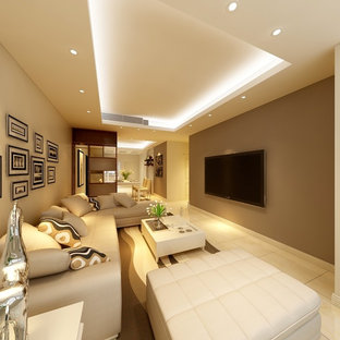 Foto på ett litet funkis separat vardagsrum, med ett finrum, gula väggar, klinkergolv i keramik, en inbyggd mediavägg och gult golv