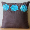 Turquoise Origami Flower Brown Faux Suede Fabric 16x16 Pillow Cover, Turq Blooms