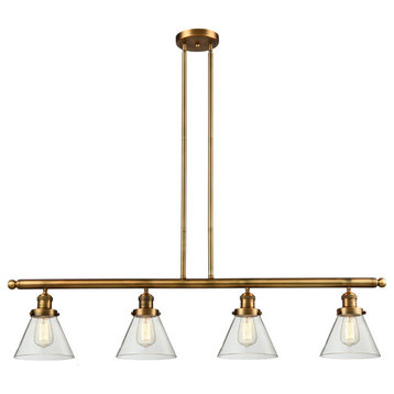 Large Cone 4-Light Island Light, Clear Glass, Brushed Brass