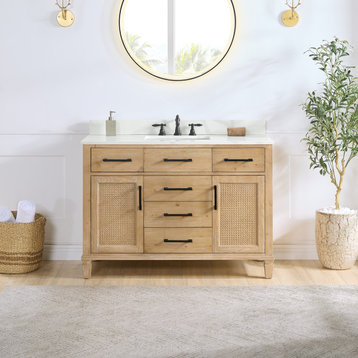 Solana Bathroom Vanity with Calacatta White Quartz Stone Countertop, Weathered Fir, 48", Without Mirror