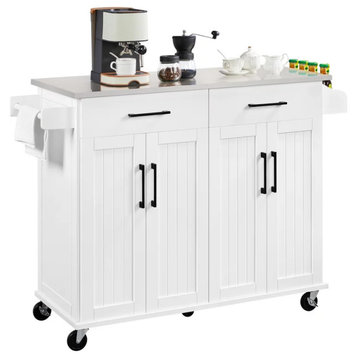 Contemporary Kitchen Cart, Spacious Cabinets With Stainless Steel Top, White