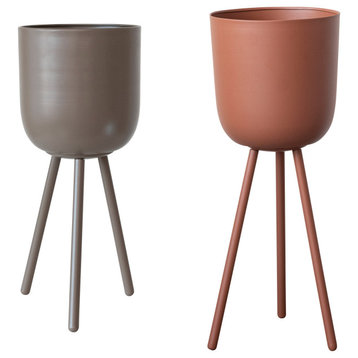 Round Footed Metal Planters, Terra-cotta and Brown, Set of 2