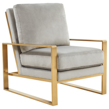 LeisureMod Jefferson Velvet Accent Armchair With Gold Frame, Light Grey