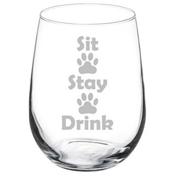 Wine Glass Funny Dog Cat Animal Lover Sit Stay Drink Paw Prints, 17 Oz Stemless