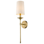 Z-Lite - Emily One Light Wall Sconce, Rubbed Brass - Warm rubbed brass finish steel stands out in the design of this one-light wall sconce an ideal selection to enhance a modern or transitional bathroom bedroom or hallway. Refined detailing pairs a rubbed brass finish wall mount and stem with a fresh white fabric shade creating a classic look that offers mood-inspiring ambient lighting.