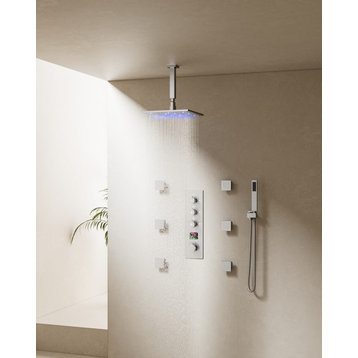 Digital Shower System LED 12" Rain Shower Head with 4-Way Thermostatic Faucet, Brushed Nickel