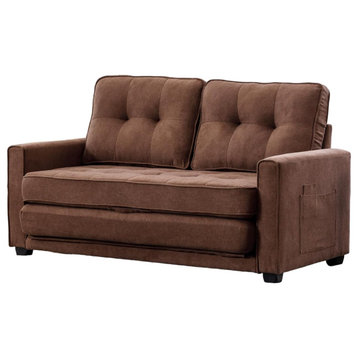 Modern Sleeper Sofa, Deep Tufted Linen Upholstered Seat & 2 Side Pocket, Brown