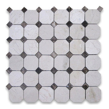 Crema Marfil Marble 2 inch Octagon Mosaic Tile Emperador Dots Polished, 1 sheet