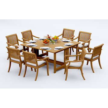9-Piece Outdoor Teak Set: 60" Square Butterfly Table, 8 Arbor Stacking Arm Chair
