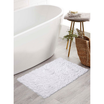 Bell Flower Collection Cotton Bath Rug, 21"x34", White