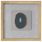 Uttermost - Keeva Shadow Box - A pine wood shadow box featuring a hand applied gold leaf finish showcases a striking emerald green agate stone with white veining, accented with hand painted gold edging. Mounted on an off-white linen backing.