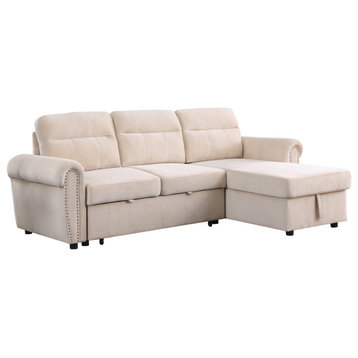 Ashton Velvet Fabric Reversible Sleeper Sectional Sofa Chaise, Beige