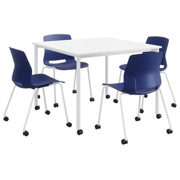 KFI Dailey 42in Square Dining Set - White Table - Navy Chairs w/Casters