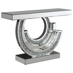 Modon - Imogen Multi-dimensional Console Table Silver - Imogen Multi-dimensional Console Table Silver Bring on the wow-factor with this glitz and glam console table. Finished in a striking silver, its unique swirl-design base provides a multi-dimensional 3D appearance. Grey faux gemstones make a special appearance in your living space. Meanwhile, place your favorite decor on the spacious rectangular tabletop. This silver mirrored console table sits upon a platform base. Unique, multi-dimensional contemporary design Features smoke grey gemstones for added bling Sleek mirrored table top and base Product Includes: Console Table