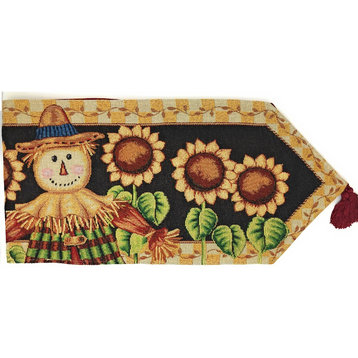Fall Vintage Woven Tapestry Sunflower Field Scarecrow Table Runner, 13x90
