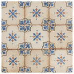 Merola Tile - Mirambel Azul Ceramic Floor and Wall Tile - Inspired by classic stencil-painted ceramic tiles, our Mirambel Azul Ceramic Floor and Wall Tile offers a stunning throwback to artisanal tile work. Save time and labor spent arranging smaller square tiles and instead install these durable ceramic slabs, which have nine squares separated by scored grout lines. Designed by interior architect and furniture designer Francisco Segarra, this tile is a true reflection of vintage industrial design. These encaustic- inspired tiles offer an antique look for your space. The handmade, stenciled old-world pattern throughout in shades of terra cotta, light denim and dark olive is accented with the low-sheen white glaze. Imitations of the scuffs and spots that are the marks of well-loved, worn, century-old tile allow the rich red tones of the ceramic body to peek through. These rustic scuffs and spots convince that this tile is truly aged. There are 4 different variations available that are randomly scattered throughout each case. The scored grout lines can be grouted with the color of your choice to further customize your installation.