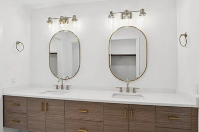 Minimalist master ceramic tile, gray floor and double-sink bathroom photo in Miami with brown cabinets, white walls, white countertops and a floating vanity