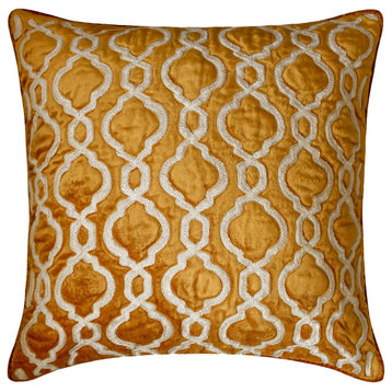 Gold Velvet Bouclet Embroidery 26"x26" Throw Pillow Cover, Cressida