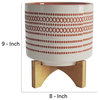 Benzara BM266235 Ceramic Planter, Engraved Tribal Pattern & Wooden Stand, Orange