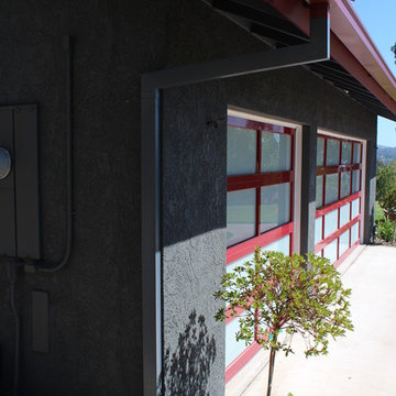 Seamless Box Style Gutters, Colonial Red, Storm Gray Downspouts