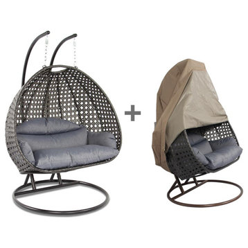 LeisureMod Wicker Hanging 2 person Egg Swing Chair With Outdoor Cover, Charcoal