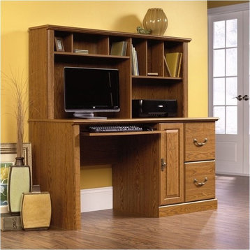 Pemberly Row Traditional Wood Computer Desk with Hutch in Carolina Oak