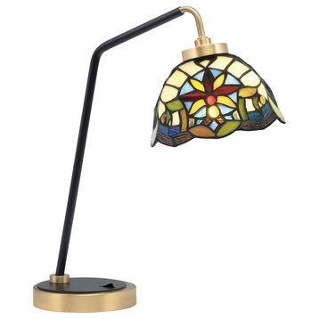 1-Light Desk Lamp, Matte Black/New Age Brass Finish, 7" Earth Star Art Glass